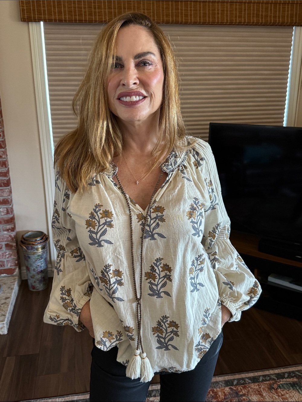 Sundance Cream Peasant Blouse with Blue-Gray and Mustard Floral Print